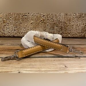 NWT stylish tan/white stitching leather bag strap with silver tone hardware